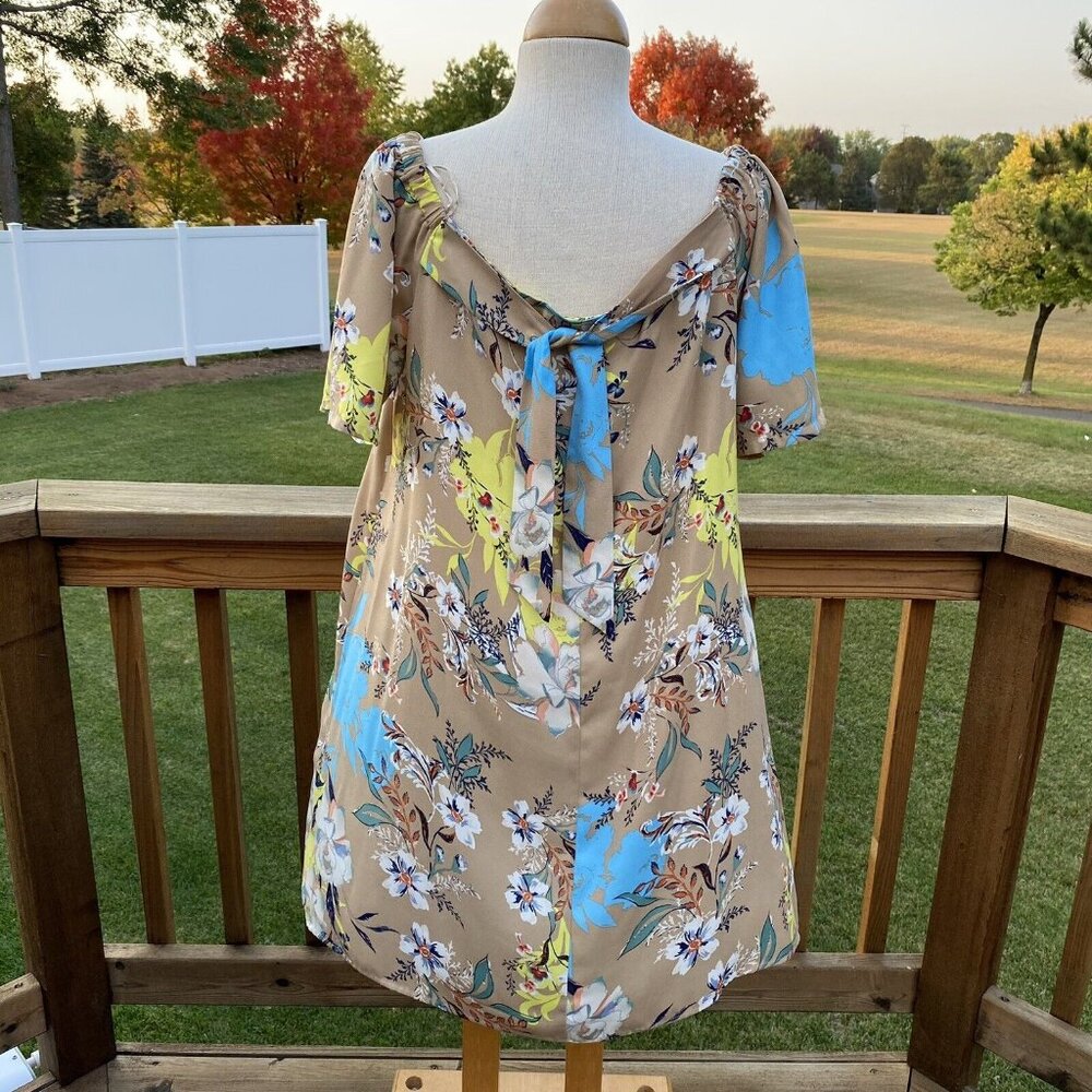 Nicole Miller Studio Floral Shift Dress 12 Taupe Multi Off Shoulder Ties Career - Picture 4 of 12